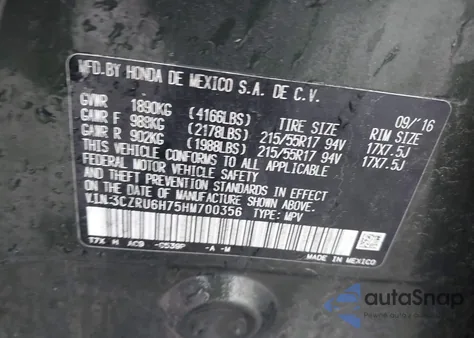 2017 Honda Hr-V Ex-L z USA, uszkodzony, nr VIN 3CZRU6H75HM700356